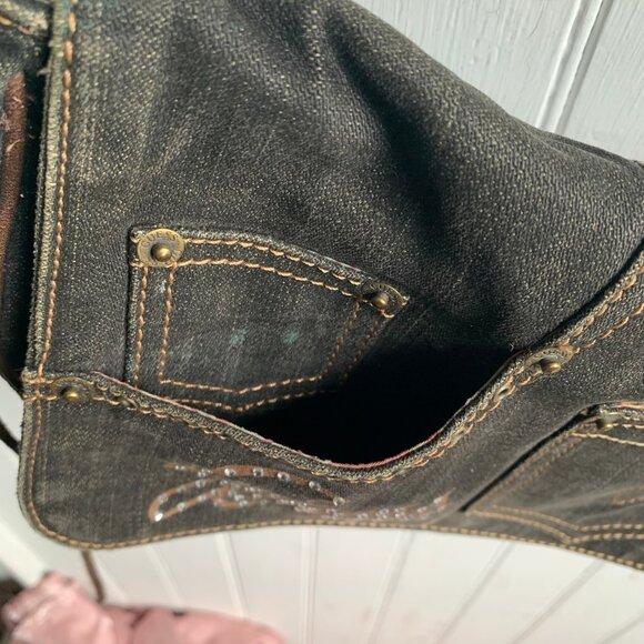 Vintage Y2K Guess Denim Shoulder Bag Spell Out Logo Rhinestones FLAW READ Brass - Picture 9 of 14